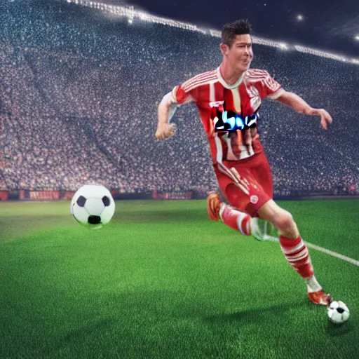 Prompt: Robert Lewandowski playing football at stage in galaxy, digital art, ultrarealistic, artstation, 8k, hyperdetalied, high quality, high render