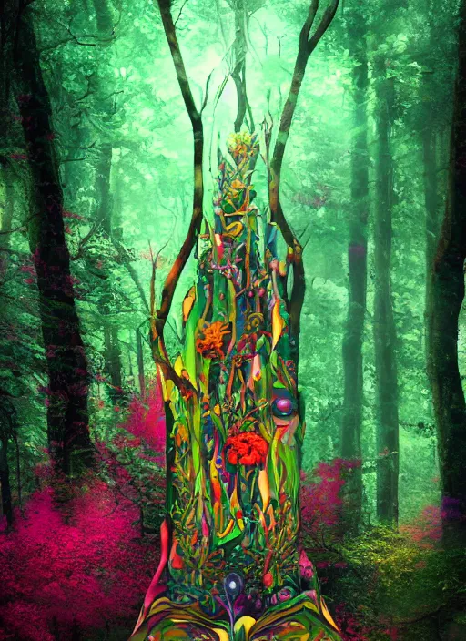 Image similar to a psychedelic surreal horror totem made of trees and multicolor flowers, magic creatures in the forest of chaotic spirit, fulcolor octane remder, cinematic, ultrarealistic