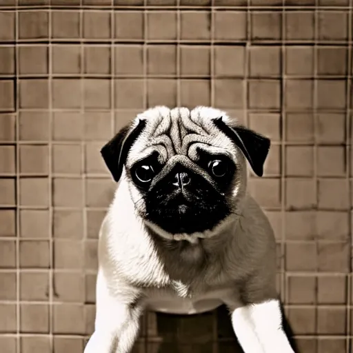 Image similar to a pug climbing out of a toilet, bathroom interior background, photo