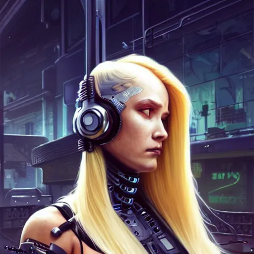 Prompt: Side view of a cyborg demon blond in cyberpunk headset and helmet on the street of a cyberpunk city, sci-fi, fantasy, intricate, very very beautiful, elegant, highly detailed, digital painting, artstation, concept art, smooth, sharp focus, illustration, art by artgerm and greg rutkowski and alphonse mucha