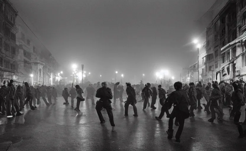 Image similar to 1990s movie still of a yougoslavian street with a large crowd fighting soviet soldiers, with stalinist style highrise, Cinestill 800t 35mm black and white, heavy grainy picture, very detailed, high quality, 4k panoramic, HD criterion, dramatic lightning, streetlight at night, foggy