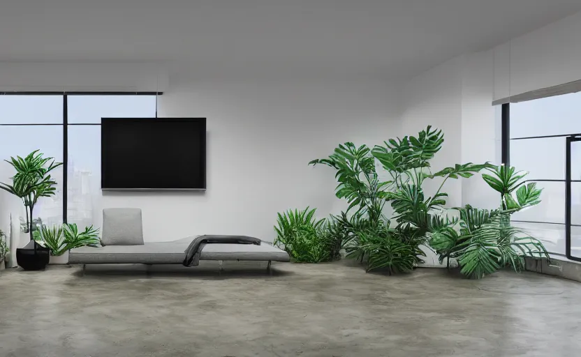 Image similar to empty room brutalist interior, big tv screen in the middle, tropical indoor plants, open shiny floor, v - ray render, high contras