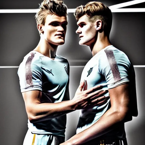 Image similar to a realistic detailed photo of a guy who is an attractive humanoid who is half robot and half humanoid, who is a male android, soccer players martin ødegaard & timo werner, shiny skin, posing like a statue, blank stare, in a factory, on display, showing off his muscles, gold soccer shorts, side view, looking at each other mindlessly