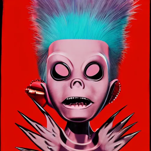 Image similar to a pink punk rock rapper alien with black spiked hair, an airbrush painting by Jamie Hewlett, cgsociety, symbolism, antichrist, aesthetic, 8k