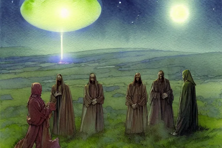 Prompt: a realistic and atmospheric watercolour fantasy character concept art portrait of a group of christians wearing robes and emerging from the mist on the moors of ireland at night. a ufo is in the background. by rebecca guay, michael kaluta, charles vess and jean moebius giraud