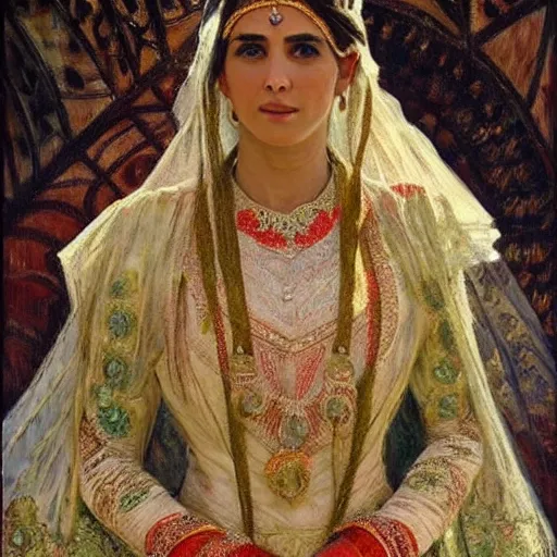 Image similar to full body portrait of a beautiful Kurdish bride wearing a beautiful wedding dress, very detailed eyes, hyperrealistic, beautiful and symmetrical face, very detailed painting by Claude Monet and Alphonse Mucha, ornate, trending on artstation, extremely high detail, incredibly intricate