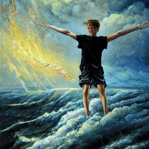 Image similar to beautiful painting by karol bak of a fourteen year old boy with and enormous mechanical wing strapped to his back, standing on the back of a boat in a storm, his arms spread, face looking skyward, wearing only shorts, ready to fly, icarus, winged boy, young teen, rain, clouds, waves, splash,