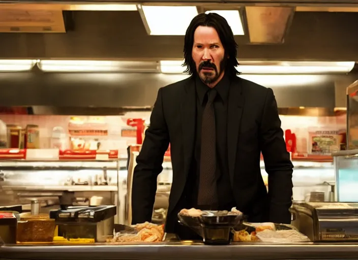 Prompt: film still of john wick played by keanu reeves working in a fast food restaurant in the new john wick movie, 4 k