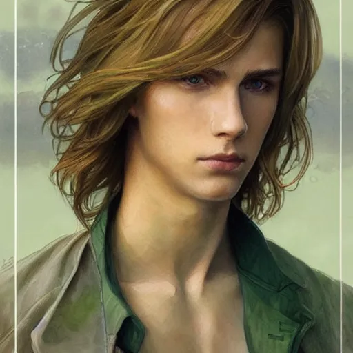 Image similar to teen boy, middle length hair, blonde hair, green eyes, gorgeous, amazing, delicate, elegant, intricate, highly detailed, watercolor, portrait, artstation, concept art, sharp focus, illustration, art by artgerm and greg rutkowski and alphonse mucha