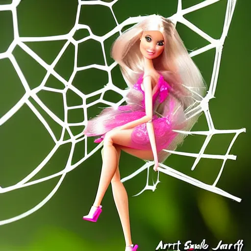 Image similar to barbie fairy trapped in a spider web, trending on artstation