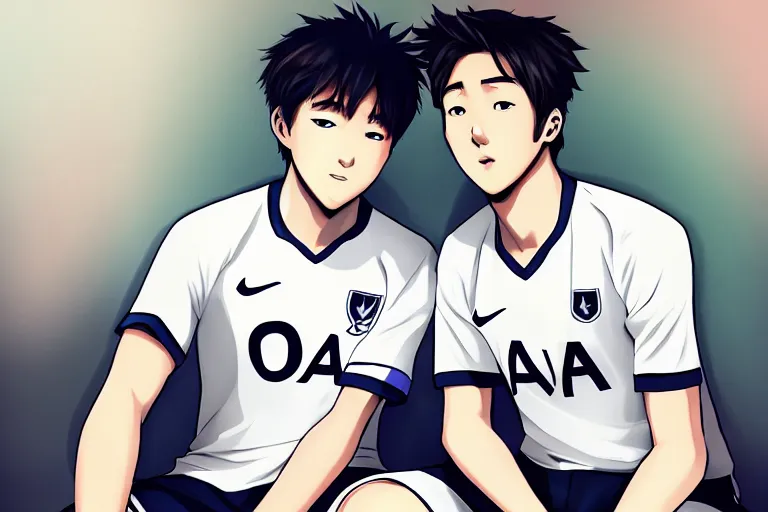 Image similar to beautiful anime harry kane and son heung-min sitting in a 90s teenagers bedroom, highly detailed, realistic, dynamic lighting, cinematic, masterpiece, trending on artstation,