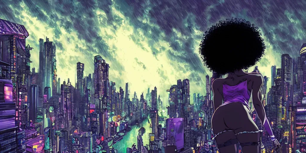 Prompt: an afropunk girl looking into an expansive afro futuristic city at night during a thunderstorm in the style of masamune shirow, anime, cinematic