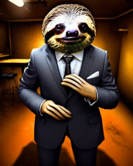 Image similar to hyperrealistic mixed media painting of a sloth wearing a suit and tie, dimly lit dive bar, stunning 3d render inspired art by P. Craig Russell and Barry Windsor-Smith + perfect facial symmetry + dim volumetric lighting, 8k octane beautifully detailed render, post-processing, extremely hyperdetailed, intricate, epic composition, grim yet sparkling atmosphere, cinematic lighting + masterpiece, trending on artstation, very very detailed, masterpiece, stunning