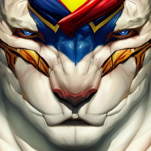 Image similar to a esthetic portrait commission of a muscular antrho albino tiger wearing the superman outfit,hyperdetailed face,character design by charlie bowater,ross tran,artgerm,makoto shibkai,photorealistic,western comic book art,film poster,deviantart,artstation