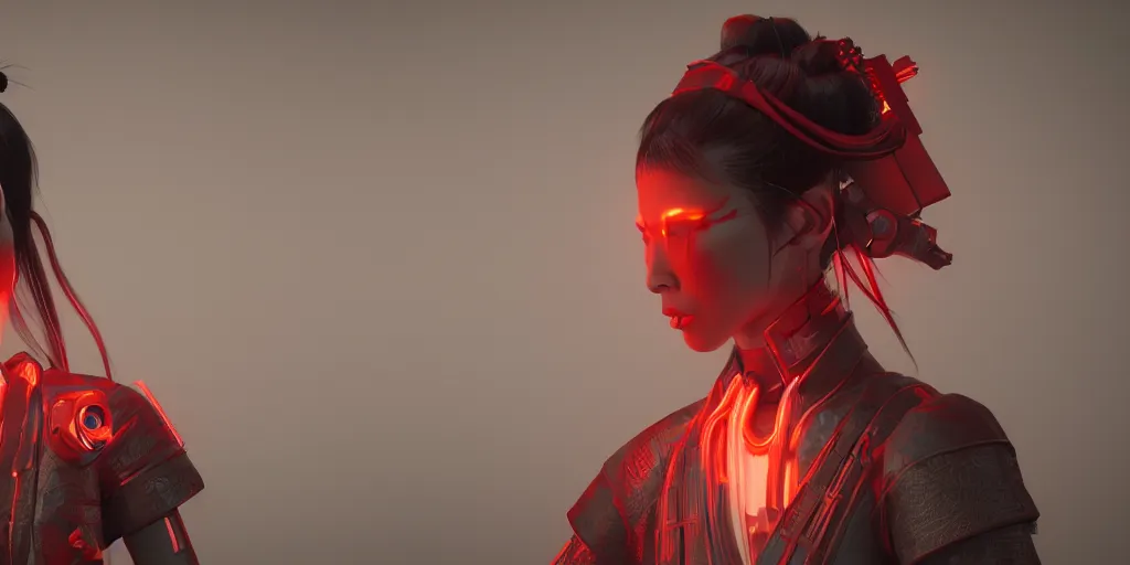 Prompt: portrait of samurai woman, red cyberpunk, red neon glow environment, by Eddie Mendoza, detailed, octane render, cryengine, unreal engine 5,