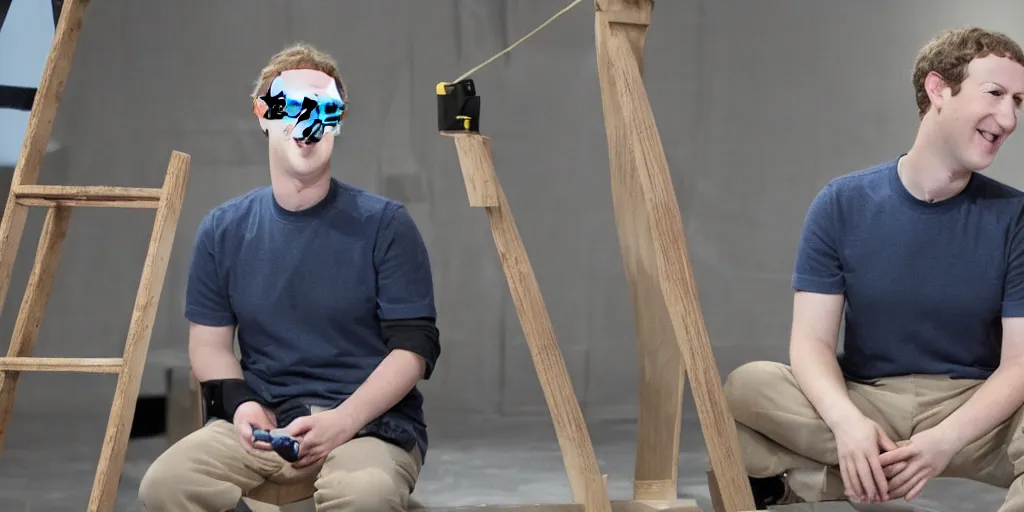 Prompt: mark zuckerberg sitting on top of a ladder making a stop motion animation, giant clay sculptures, photorealistic