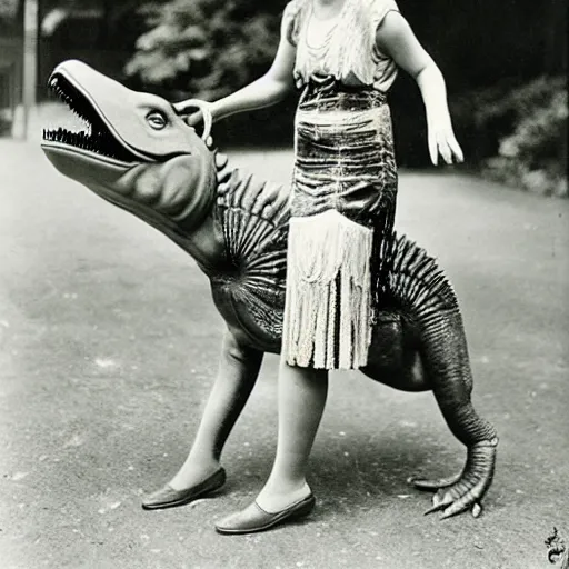 Prompt: 1920s flapper girl riding a dinosaur to the market, colorized