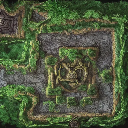 Image similar to , dnd dungeon map of giant ancient castle in an forest with some ivy plants on the walls, cinematic, epic, dramatic lighting from above, dark, vines, fantasy, dust, unreal engine, octane, highly detailed, concept art, dark, super realistic,