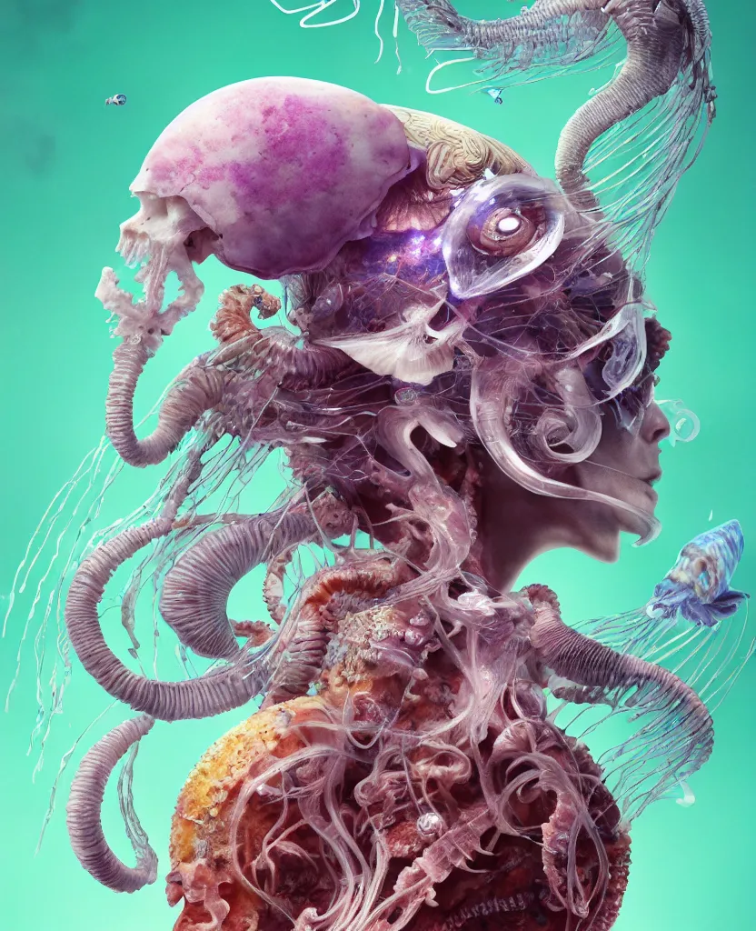 Image similar to goddess close-up portrait ram skull, thorax, x-ray, backbone, jellyfish phoenix head, nautilus, orchid, skull, betta fish, bioluminiscent creatures, intricate artwork by Tooth Wu and wlop and beeple. octane render, trending on artstation, greg rutkowski very coherent symmetrical artwork. cinematic, hyper realism, high detail, octane render, 8k