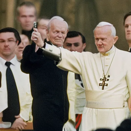 Image similar to robert lewandowski pointing a gun at john paul ii