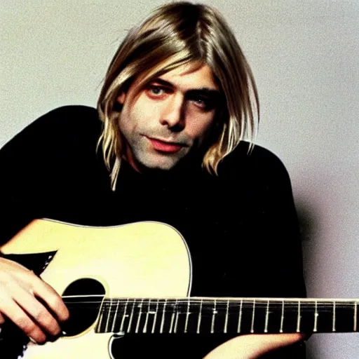 Prompt: Kurt Cobain American singer-songwriter-artist, guitarist, lead vocalist and primary songwriter of the rock band Nirvana, a colorized photo by David Gilmour Blythe, dribble, neoplasticism, 1990s, associated press photo, masterpiece