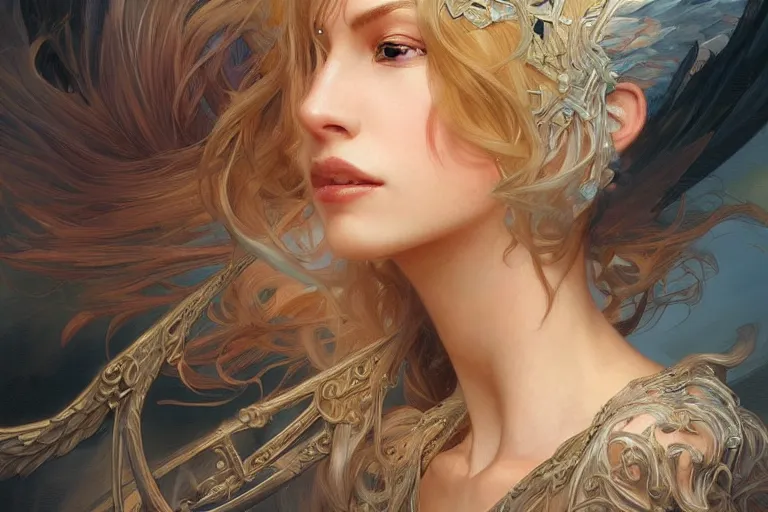 Image similar to portrait of beautiful angel, d & d, face, fantasy, intricate, elegant, highly detailed, digital painting, artstation, concept art, smooth, sharp focus, illustration, art by artgerm and greg rutkowski and alphonse mucha