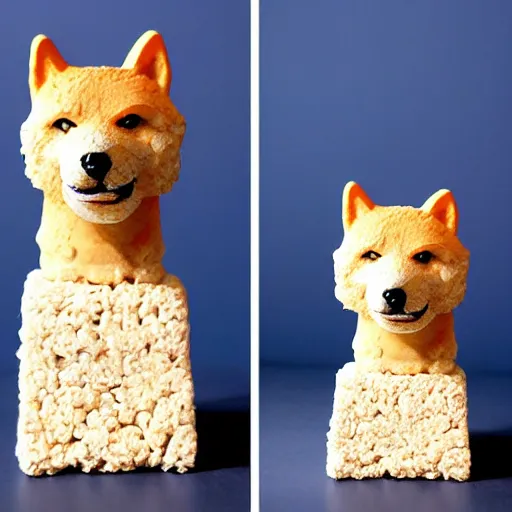 Prompt: a rice krispie square sculpture of a shiba inu head