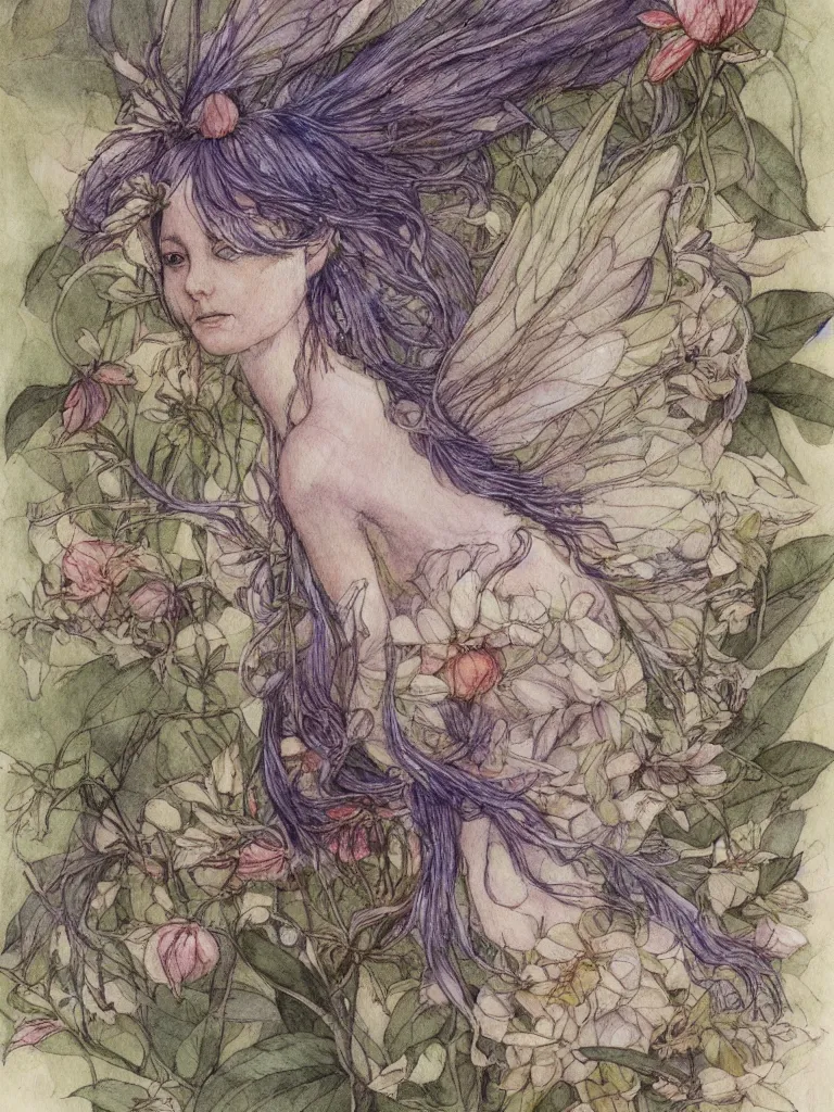 Image similar to annotated study of a flower fairy, illustration, watercolor, alan lee, detailed, pretty, ethereal,