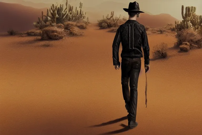 Prompt: Picture of a single wanderer in black and brown leather clothes, wandering the desert landscape, full of wonders, portrayed by Bob Odenkirk, detailed face features, beautiful, walking towards you, realistic, low fantasy, extremely detailed, trending on artstation, artstationHD, artstationHQ, cgsociety, HD, 8K, no hat, Cinema quality, award winning shot, cinematic, no extra characters