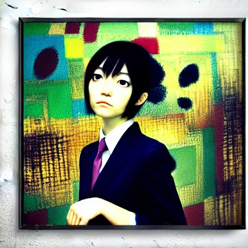 Image similar to yoshitaka amano blurred and dreamy realistic three quarter angle portrait of a young woman with short hair and black eyes wearing office suit with tie, junji ito abstract patterns in the background, satoshi kon anime, noisy film grain effect, highly detailed, renaissance oil painting, weird portrait angle, blurred lost edges