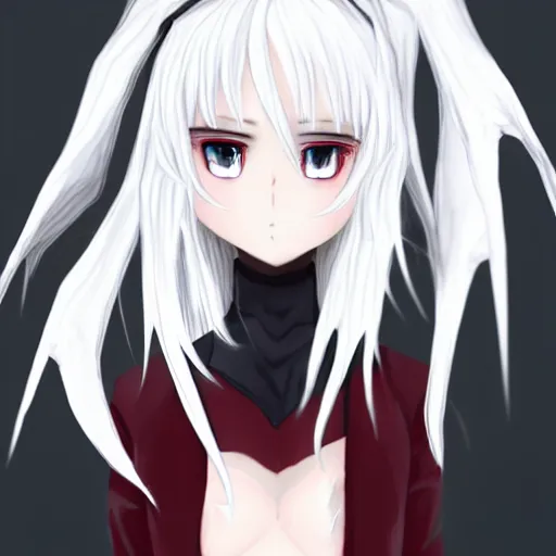 Image similar to white hair, red eyes, two small horn on the head, anime style, anime girl