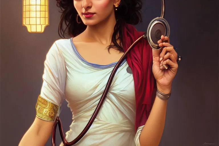 Image similar to sensual pale beautiful indian doctor in jeans with stethoscope, art deco portrait, elegant, intricate, digital painting, artstation, concept art, smooth, sharp focus, illustration, art by artgerm and greg rutkowski and alphonse mucha