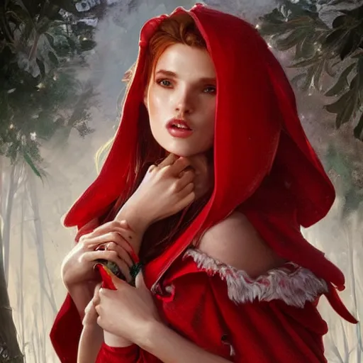 Image similar to ultra realistic illustration, bella thorne as little red riding hood, intricate, elegant, highly detailed, digital painting, artstation, concept art, smooth, sharp focus, illustration, art by artgerm and greg rutkowski and alphonse mucha