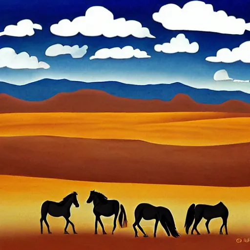 Prompt: horses on plains in Navajo art style