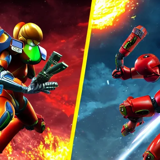 Image similar to samus aran as a ninja vs a metroid as a samurai in 4 k cgi