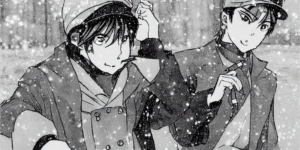 Image similar to Shuichi Akai smokes in the snow, Japanese manga style, sketch