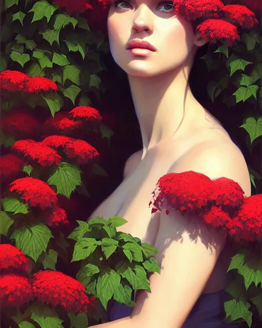 Image similar to stylized portrait of an artistic pose, composition, young lady sorrounded by nature, ivy's, flowers, realistic shaded, fine details, realistic shaded lighting poster by ilya kuvshinov, magali villeneuve, artgerm, jeremy lipkin and michael garmash and rob rey