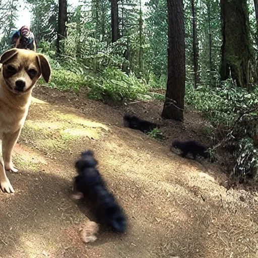 Prompt: spherical dog trail cam footage 240p