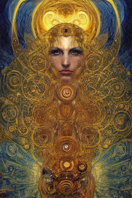 Image similar to Divine Chaos Engine by Karol Bak, Jean Deville, Gustav Klimt, and Vincent Van Gogh, sacred geometry, visionary, mystic, fractal structures, ornate gilded medieval icon, third eye, spirals