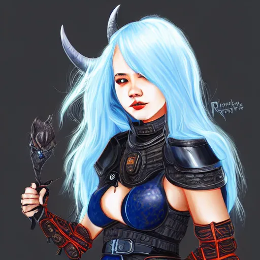 Prompt: illustrated realistic portrait female ram-horned kobold blue hair with black evil devil eyes wearing strap leather armor by rossdraws