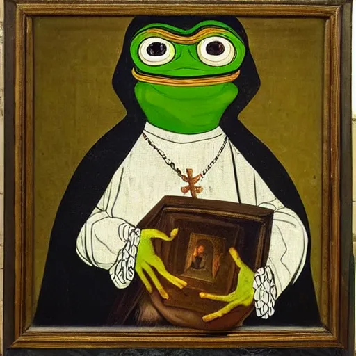 Prompt: a church medieval portrait painting of pepe the frog, in the style of rembrandt van rijn and neo - baroque