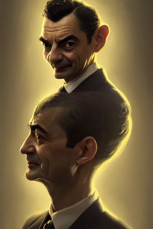 Image similar to highly detailed portrait of an elegant mr bean, ornate crown, beautiful symmetrical face, glowing skin, digital painting, artstation, concept art, smooth, clear focus, illustration, greg rutkowski, artgerm, global lighting, detailed and fantasy