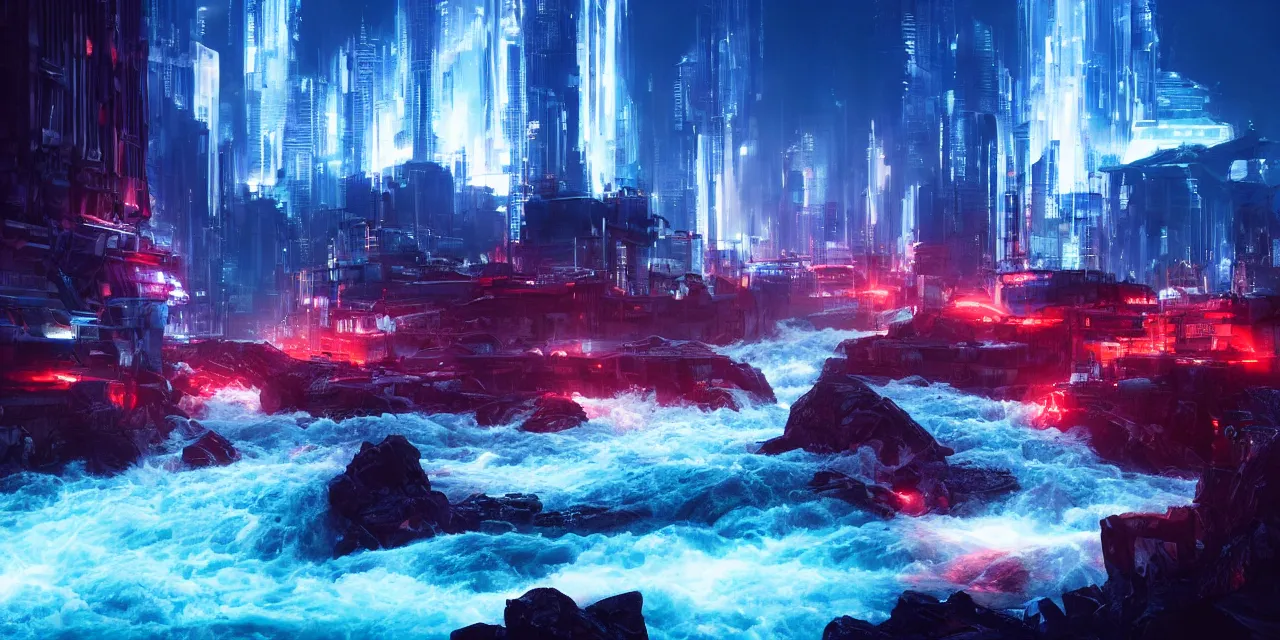 Prompt: turbulent river rapids rushing through a futuristic city at night , volumetric lighting, blue and red glowing lights, 4k, octane, unreal engine, high contrast, high saturation , cinematic film still, by artgerm and greg rutkowski