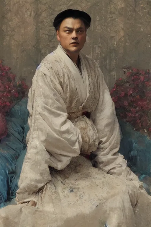 Image similar to di caprio by Solomon Joseph Solomon and Richard Schmid and Jeremy Lipking victorian genre painting full length portrait painting of 张国荣 in traditional costume