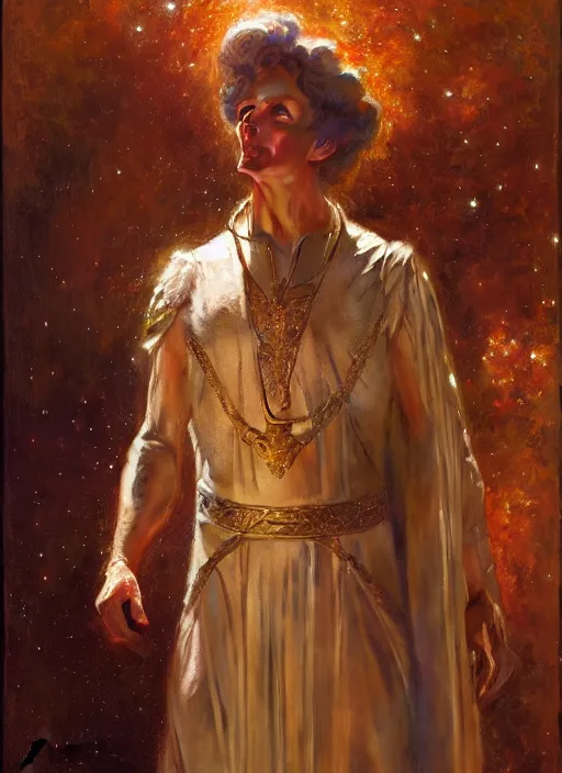 Image similar to billy hill, god of starlight, modest flowing gown, smug expression, highly detailed painting by gaston bussiere, craig mullins, j. c. leyendecker 8 k, sparkling nebula