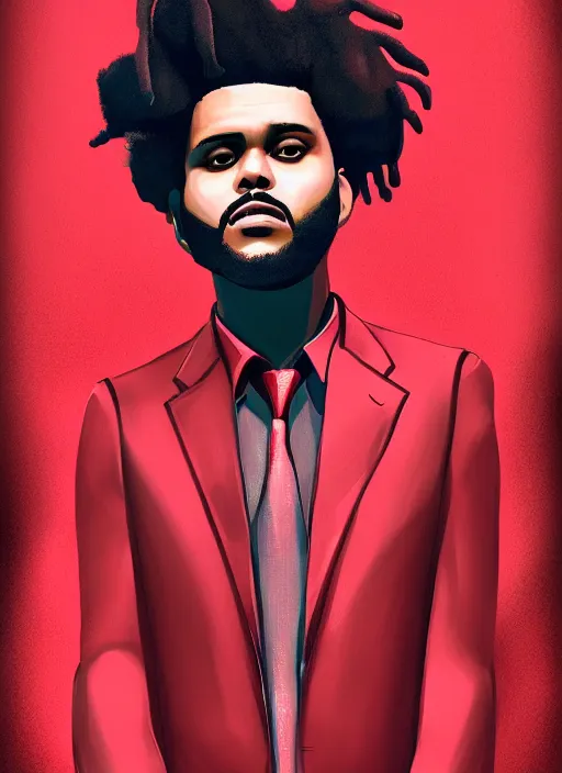 Image similar to a portrait of The Weeknd with a red suit, digital art, beautiful digital art, 4k, hd, artstation