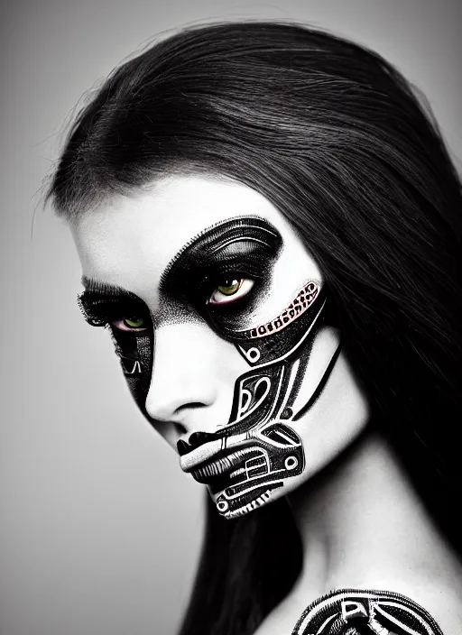 Image similar to a stunning young woman mixed crow mixed cyborg profile face, face is made intricate tribal bio - mechanical, editorial photography, bw, shot on 7 0 mm, depth of field, f / 2. 8, high contrast, 1 6 k, volumetric lighting, shiny, insanely detailed and intricate, hypermaximalist, elegant, ornate, hyper realistic, super detailed