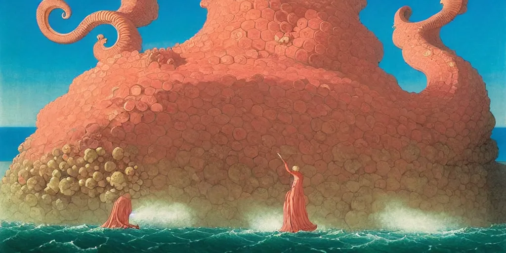 Prompt: the ammonite sorceress clad in coral armor exacts revenge on the child's sand castle send wondrous waves of destruction onto the irreverent land by kawase hasui, dorothea tanning, moebius, edward hopper and james gilleard, aivazovsky, zdzislaw beksinski, steven outram colorful flat surreal design