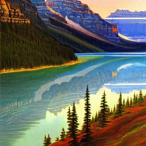 Image similar to Lake Louise in Banff National park, beautiful detailed landscape painting in the style of 19th century Hudson River school of Art