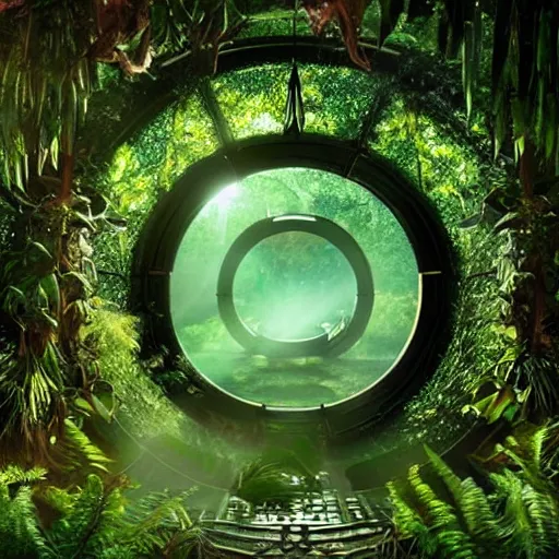 Image similar to stargate sg 1 in a densely overgrown jungle, fantasy, dreamlike sunrise volumetric lighting, ultra realistic, atmospheric, stopped in time, epic